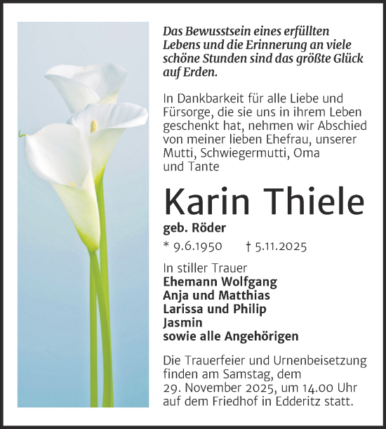 Traueranzeige von Karin Thiele von Trauerkombi Köthen