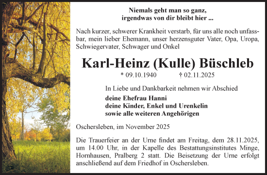 Traueranzeige von Karl-Heinz Büschleb von Volksstimme Oschersleben/Wanzleben
