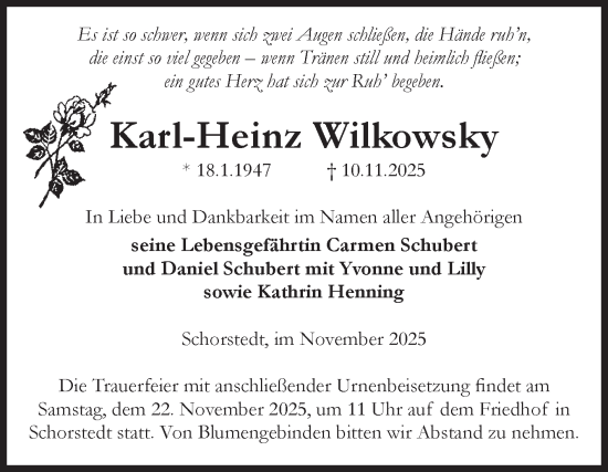 Traueranzeige von Karl-Heinz Wilkowsky von Volksstimme Altmark Ost