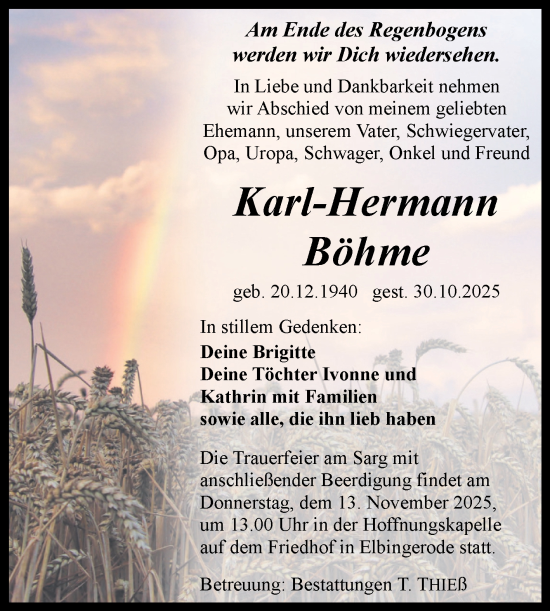 Traueranzeige von Karl-Hermann Böhme von Volksstimme Wernigerode