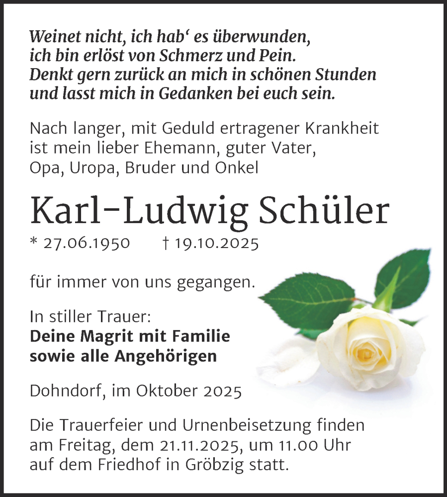  Traueranzeige für Karl-Ludwig Schüler vom 01.11.2025 aus Trauerkombi Köthen