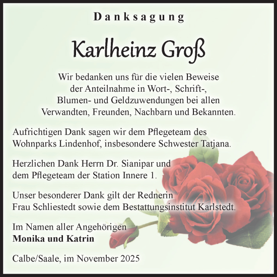 Traueranzeige von Karlheinz Groß von Volksstimme Schönebeck