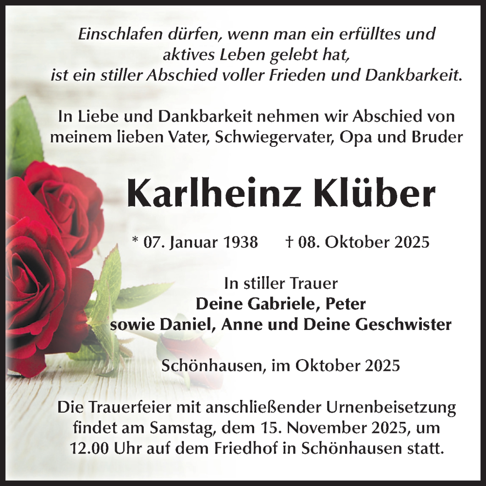  Traueranzeige für Karlheinz Klüber vom 01.11.2025 aus Volksstimme Altmark Ost