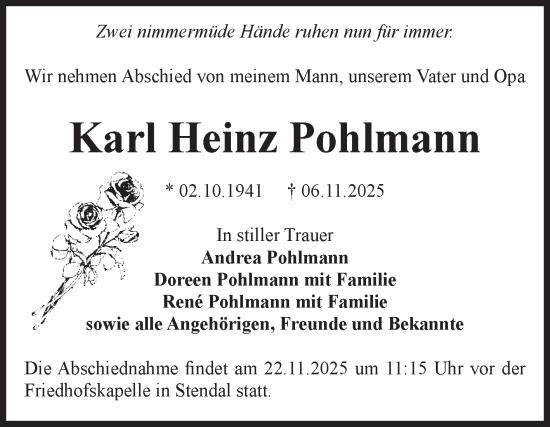 Traueranzeige von Karl Heinz Pohlmann von Volksstimme Altmark Ost