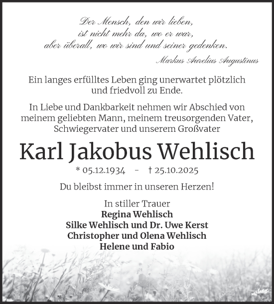 Traueranzeige von Karl Jakobus Wehlisch von Trauerkombi Aschersleben