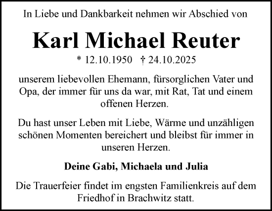 Traueranzeige von Karl Michael Reuter von Mitteldeutsche Zeitung Halle/Saalkreis