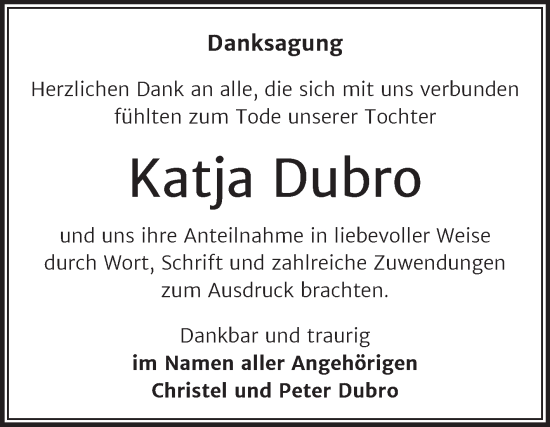 Traueranzeige von Katja Dubro von Trauerkombi Wittenberg