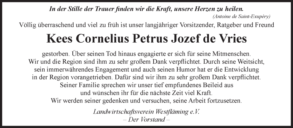  Traueranzeige für Kees Cornelius Petrus Jozef de Vries vom 15.11.2025 aus Volksstimme Zerbst