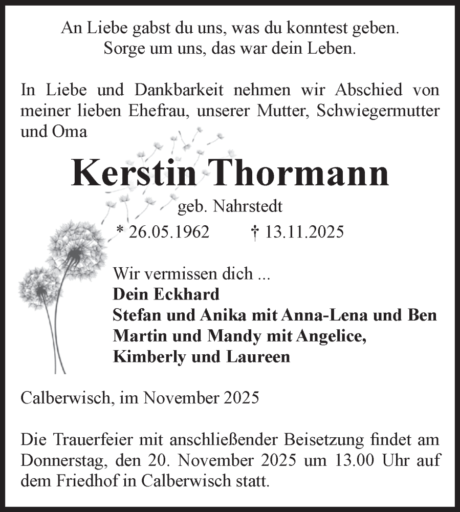  Traueranzeige für Kerstin Thormann vom 17.11.2025 aus Volksstimme Altmark Ost
