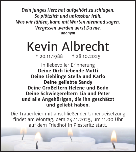 Traueranzeige von Kevin Albrecht von Trauerkombi Wittenberg
