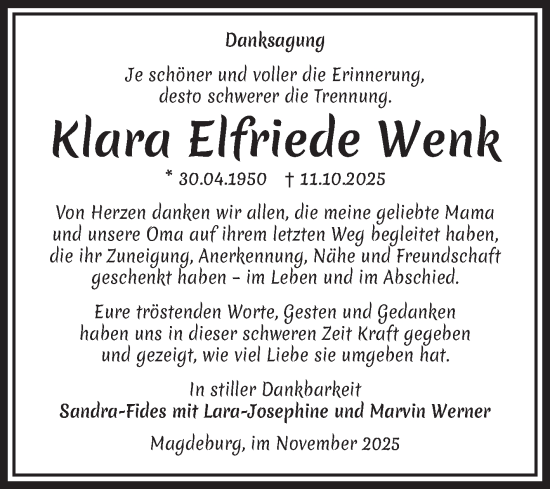 Traueranzeige von Klara Elfriede Wenk von Volksstimme Magdeburg