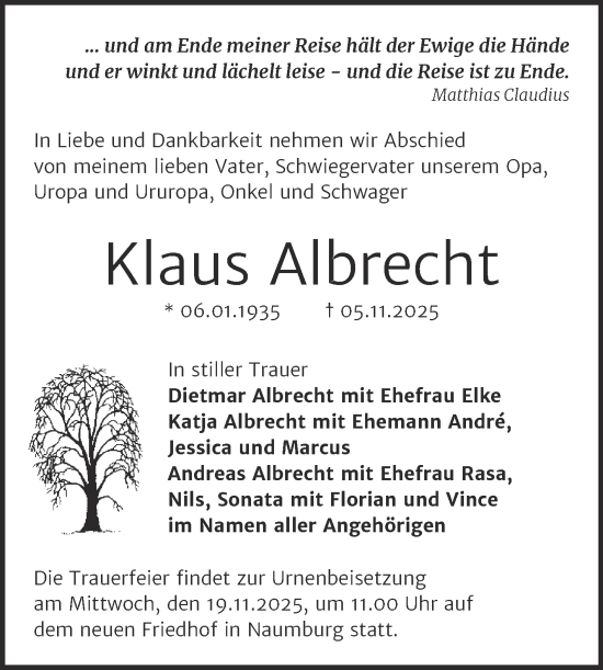 Traueranzeige von Klaus Albrecht von Naumburger Tageblatt