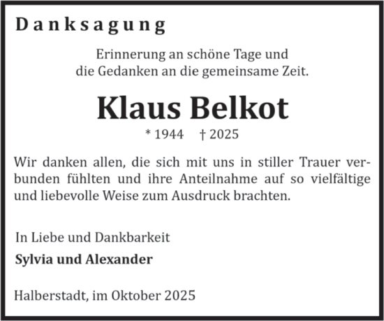 Traueranzeige von Klaus Belkot von Volksstimme Halberstadt