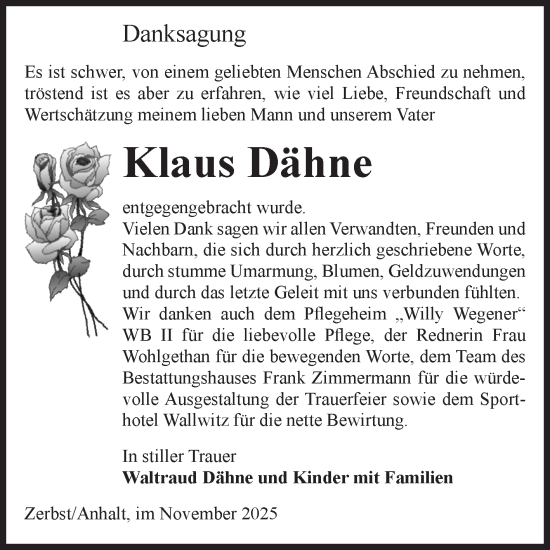 Traueranzeige von Klaus Dähne von Volksstimme Zerbst
