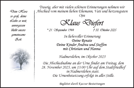 Traueranzeige von Klaus Diefert von Volksstimme Oschersleben/Wanzleben