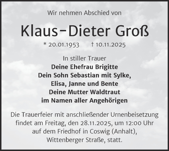 Traueranzeige von Klaus-Dieter Groß von Trauerkombi Wittenberg