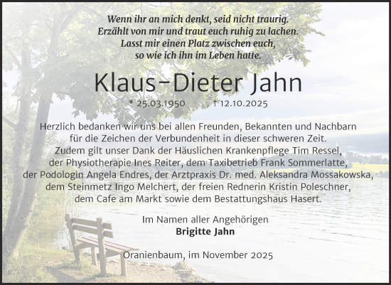 Traueranzeige von Klaus-Dieter Jahn von Trauerkombi Wittenberg