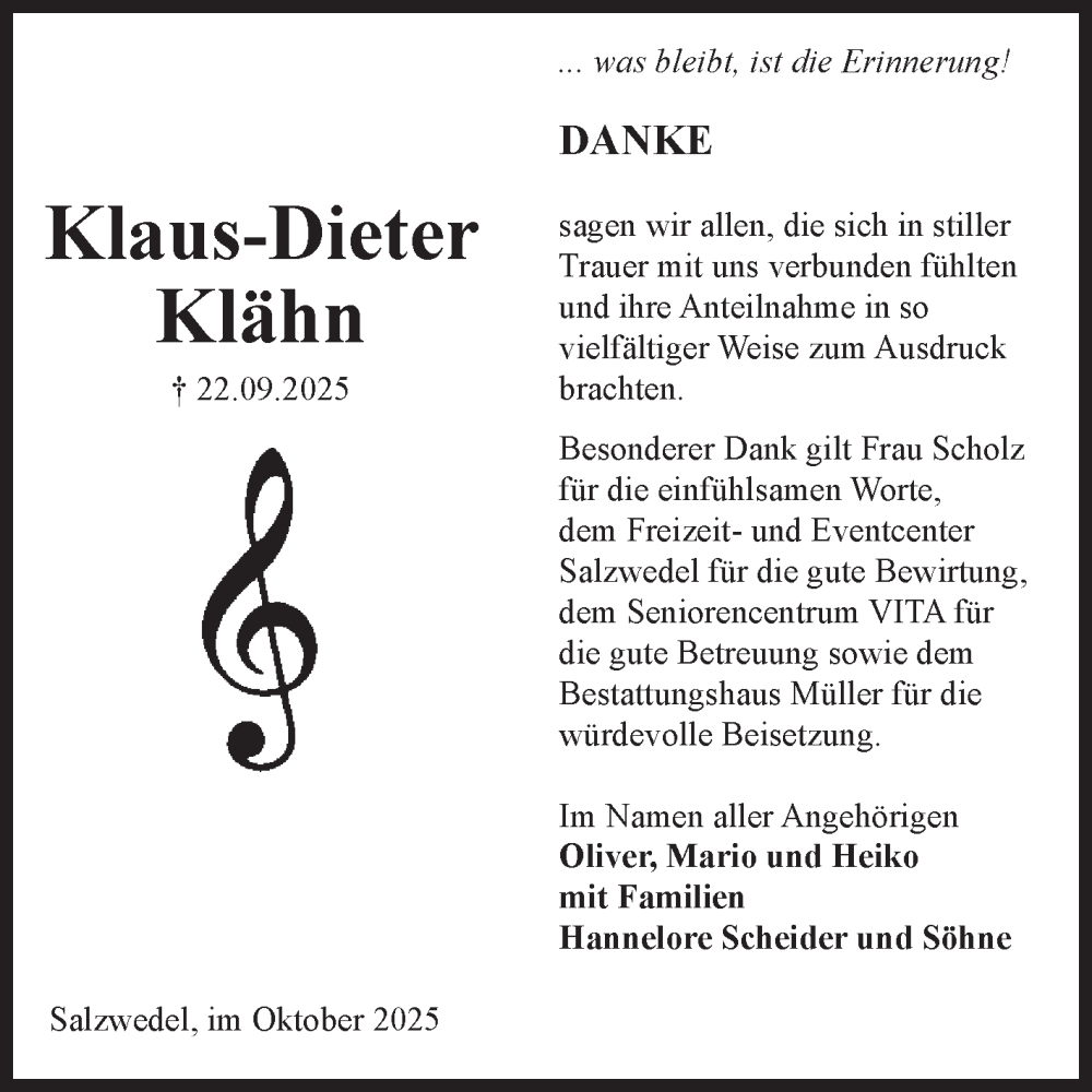  Traueranzeige für Klaus-Dieter Klähn vom 04.11.2025 aus Volksstimme Altmark West