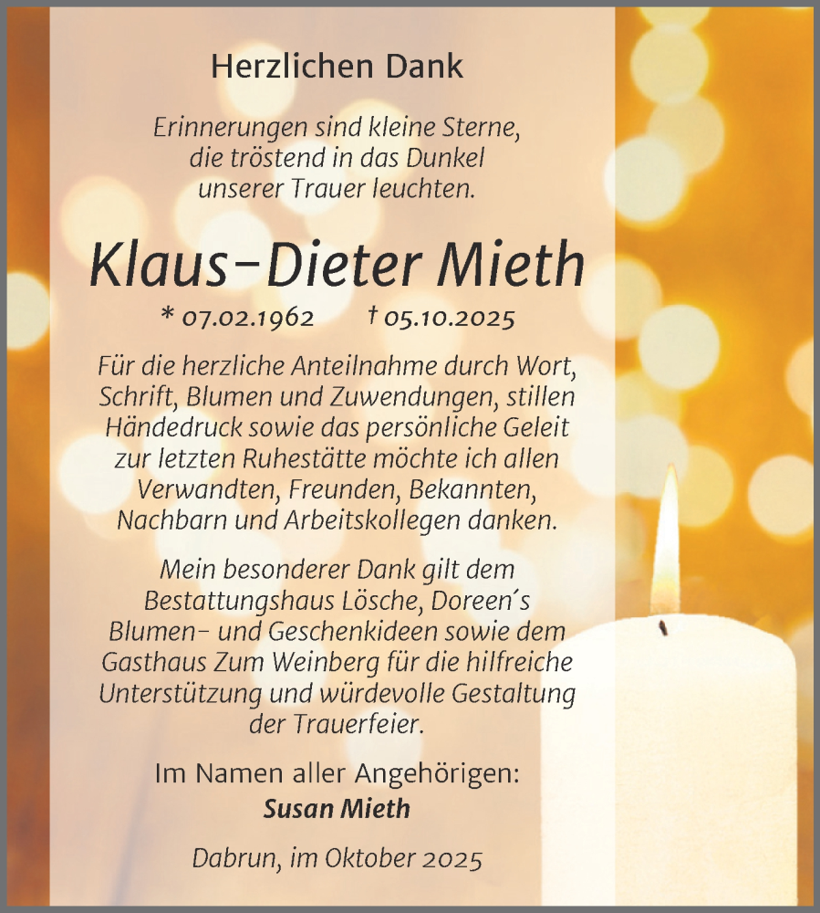  Traueranzeige für Klaus-Dieter Mieth vom 01.11.2025 aus Trauerkombi Wittenberg