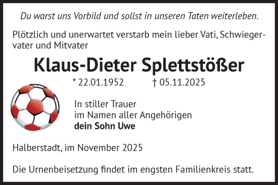 Traueranzeige von Klaus-Dieter Splettstößer von Volksstimme Halberstadt