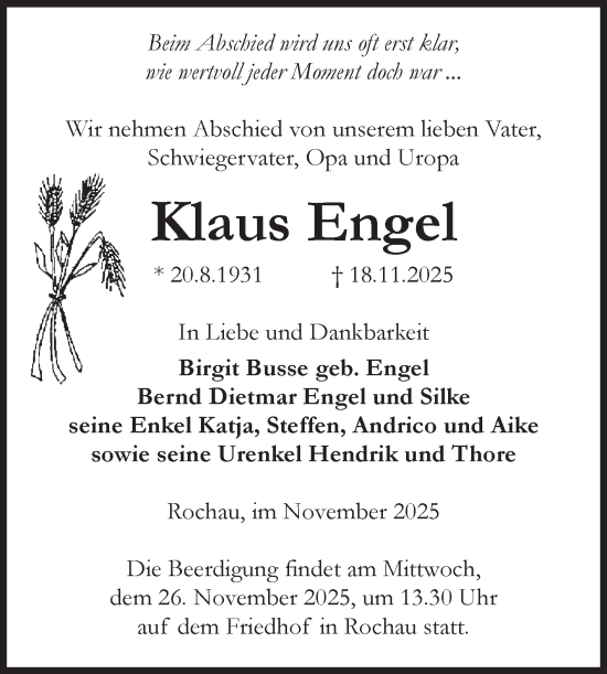 Traueranzeige von Klaus Engel von Volksstimme Altmark Ost