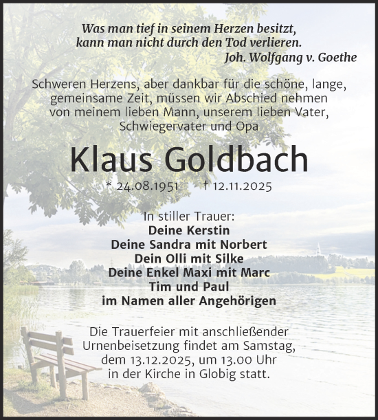 Traueranzeige von Klaus Goldbach von Trauerkombi Wittenberg