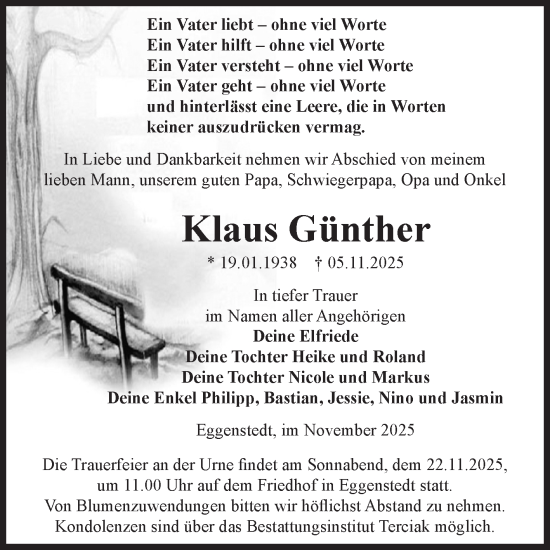 Traueranzeige von Klaus Günther von Volksstimme Oschersleben/Wanzleben