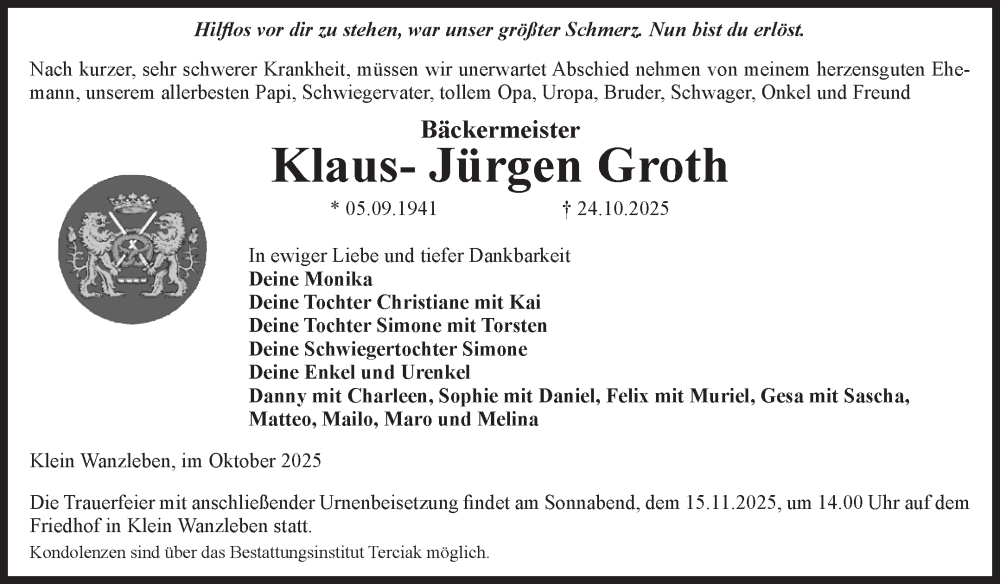  Traueranzeige für Klaus-Jürgen Groth vom 01.11.2025 aus Volksstimme Oschersleben/Wanzleben