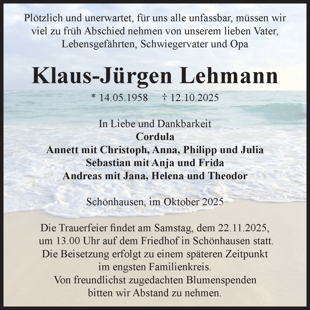  Traueranzeige für Klaus-Jürgen Lehmann vom 01.11.2025 aus Volksstimme Altmark Ost