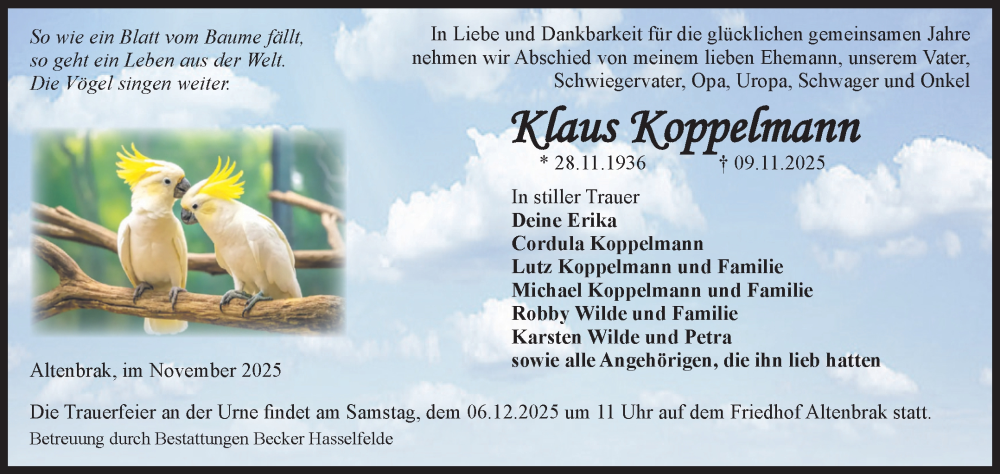  Traueranzeige für Klaus Koppelmann vom 22.11.2025 aus Volksstimme Wernigerode