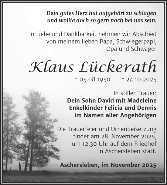 Traueranzeige von Klaus Lückerath von Trauerkombi Aschersleben