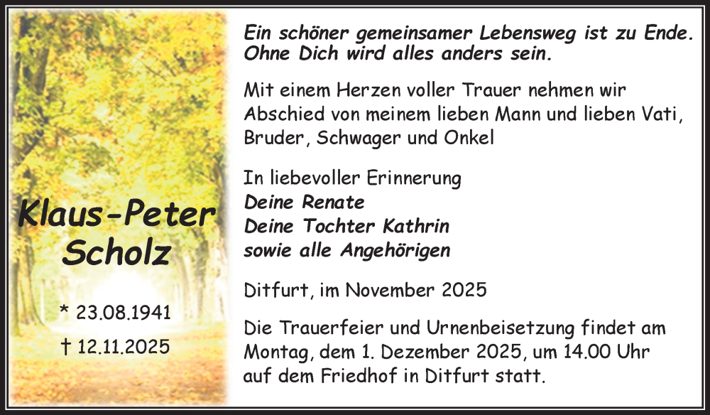  Traueranzeige für Klaus-Peter Scholz vom 22.11.2025 aus Trauerkombi Quedlinburg