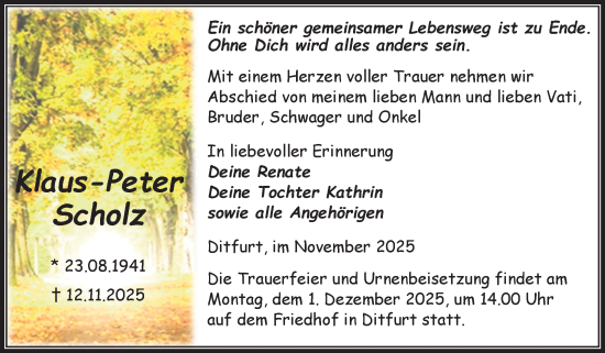 Traueranzeige von Klaus-Peter Scholz von Trauerkombi Quedlinburg