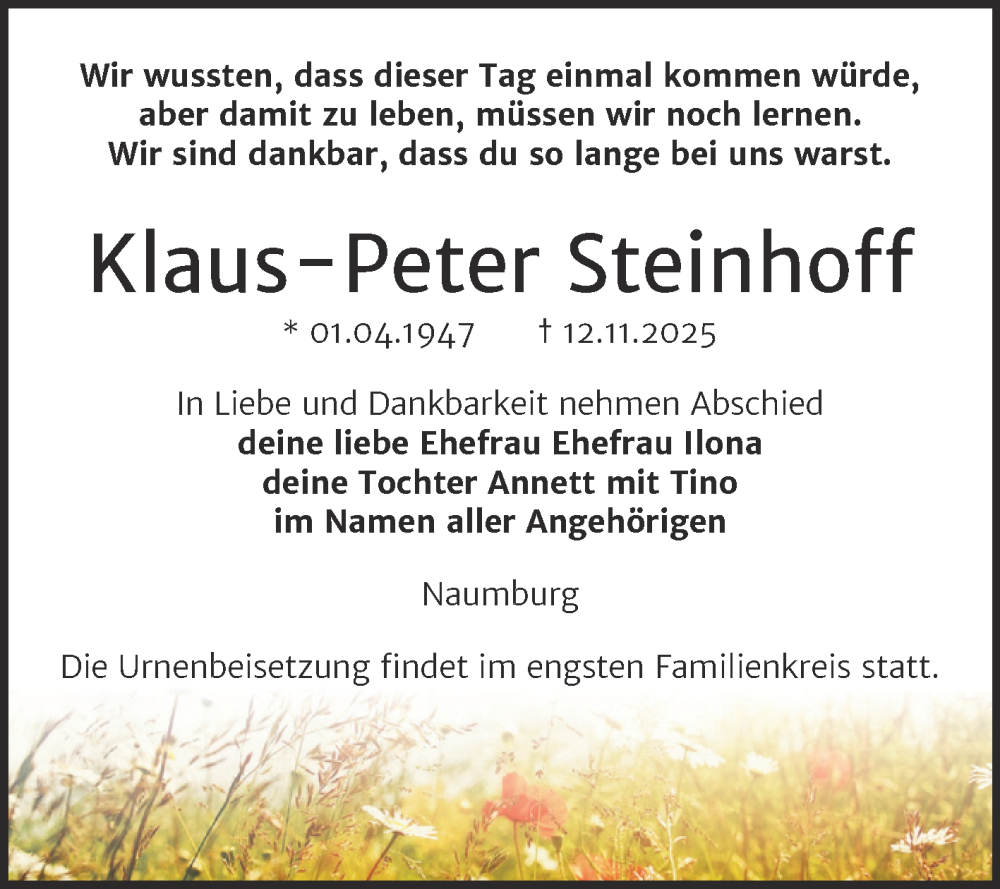  Traueranzeige für Klaus-Peter Steinhoff vom 22.11.2025 aus Super Sonntag Naumburg/Nebra
