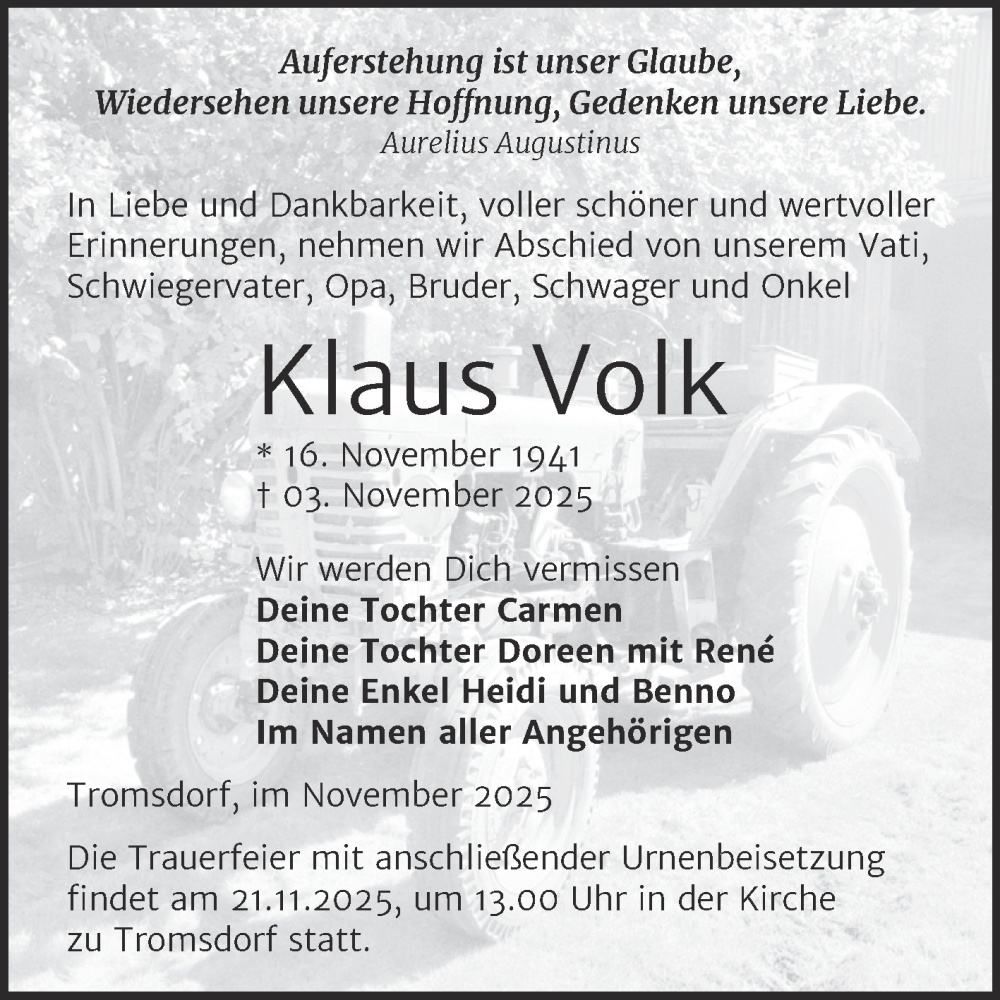  Traueranzeige für Klaus Volk vom 15.11.2025 aus Super Sonntag Naumburg/Nebra
