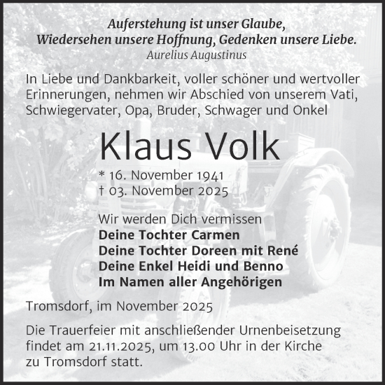 Traueranzeige von Klaus Volk von Naumburger Tageblatt