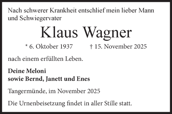 Traueranzeige von Klaus Wagner von Volksstimme Altmark Ost