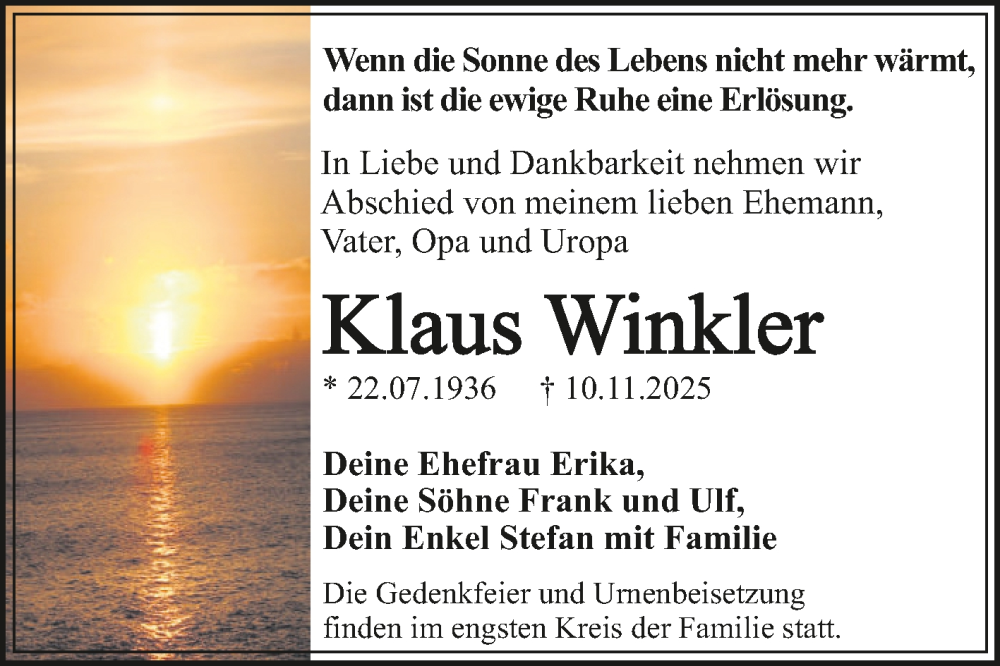  Traueranzeige für Klaus Winkler vom 15.11.2025 aus Trauerkombi Dessau