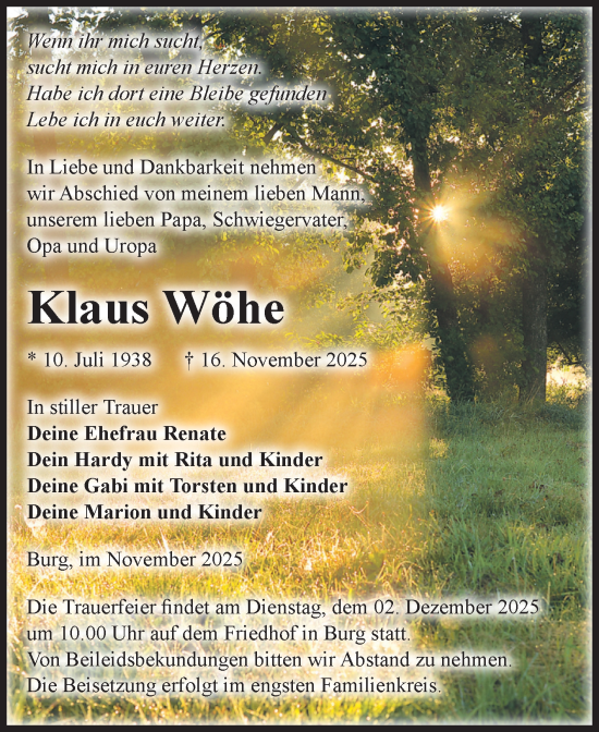 Traueranzeige von Klaus Wöhe von Volksstimme Burg/Genthin