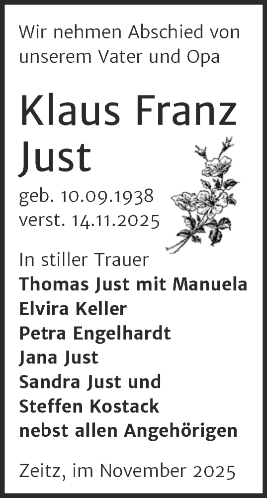  Traueranzeige für Klaus Franz Just vom 22.11.2025 aus Trauerkombi Zeitz