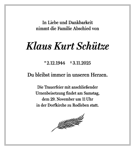 Traueranzeige von Klaus Kurt Schütze von Trauerkombi Dessau