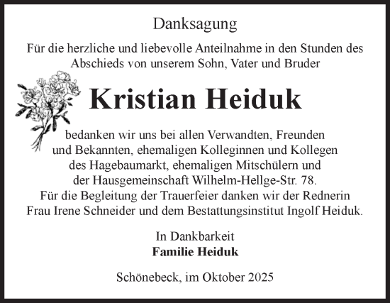 Traueranzeige von Kristian Heiduk von Volksstimme Schönebeck