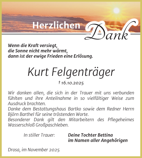 Traueranzeige von Kurt Felgenträger von Trauerkombi Köthen