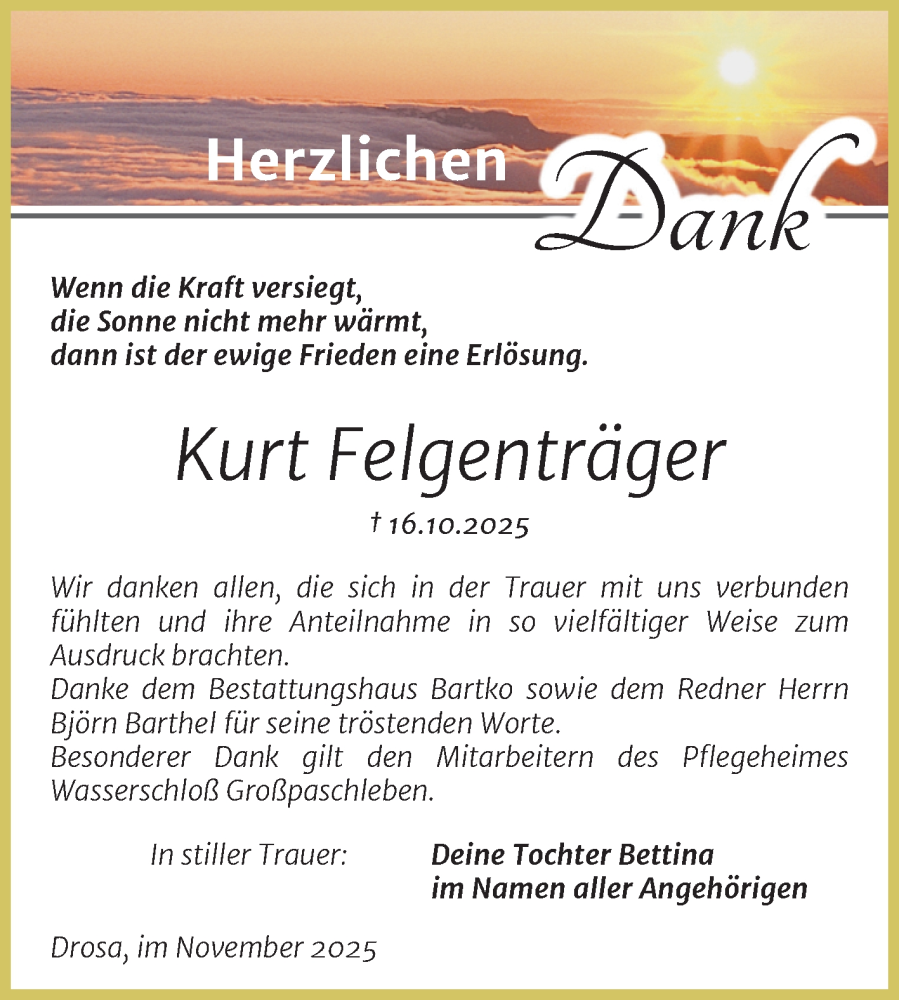 Traueranzeige für Kurt Felgenträger vom 15.11.2025 aus Trauerkombi Köthen