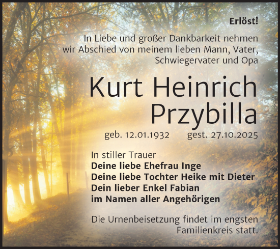 Traueranzeige von Kurt Heinrich Przybilla von Trauerkombi Wittenberg
