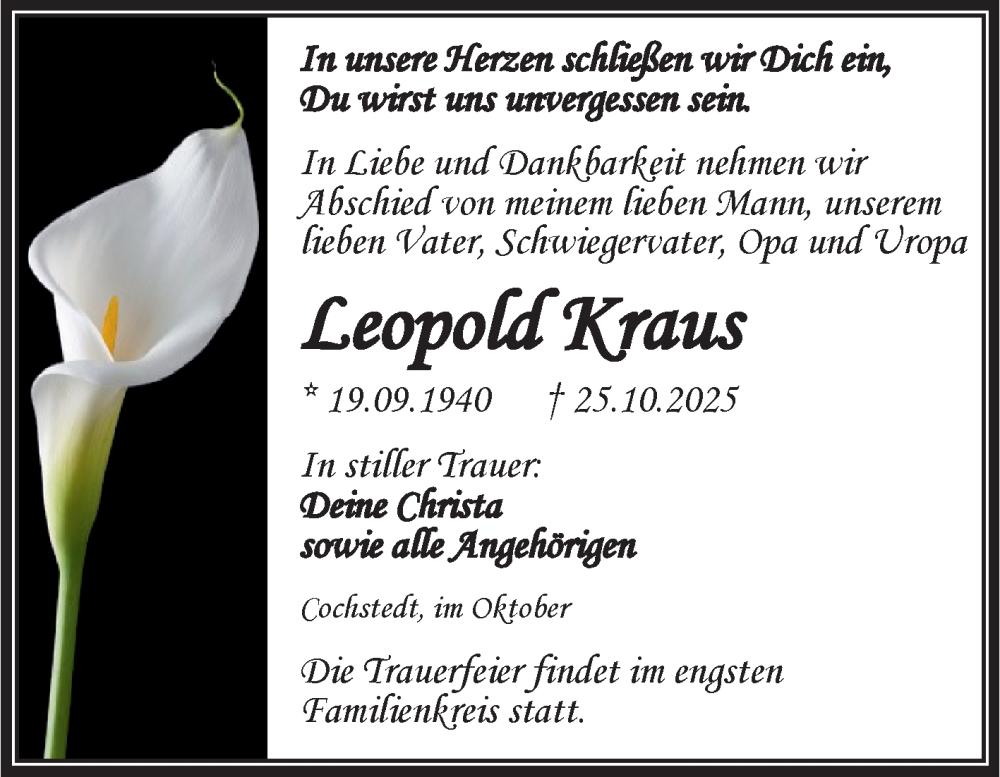  Traueranzeige für Leopold Kraus vom 08.11.2025 aus Trauerkombi Aschersleben