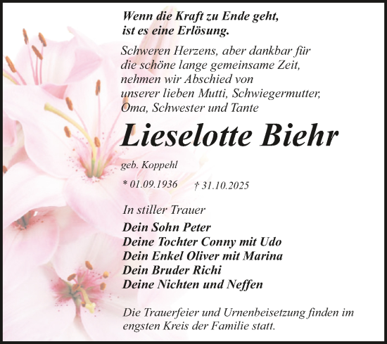 Traueranzeige von Lieselotte Biehr von Trauerkombi Dessau