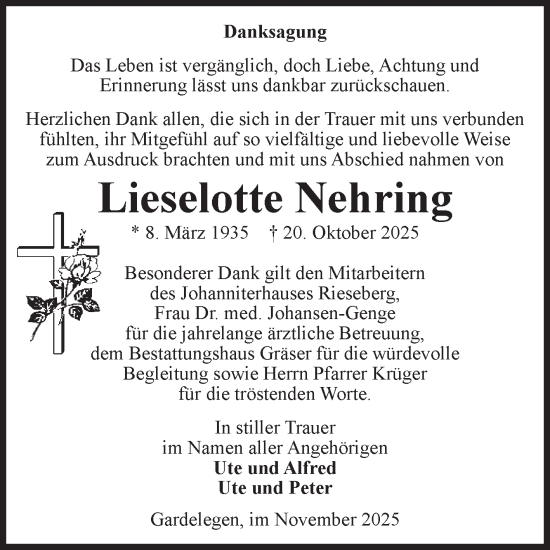 Traueranzeige von Lieselotte Nehring von Volksstimme Altmark West