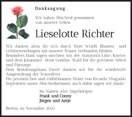 Traueranzeige von Lieselotte Richter von Volksstimme Burg/Genthin