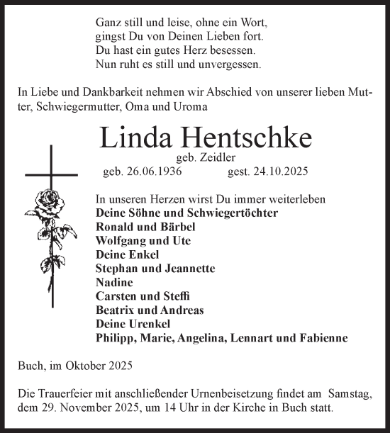 Traueranzeige von Linda Hentschke von Volksstimme Altmark Ost